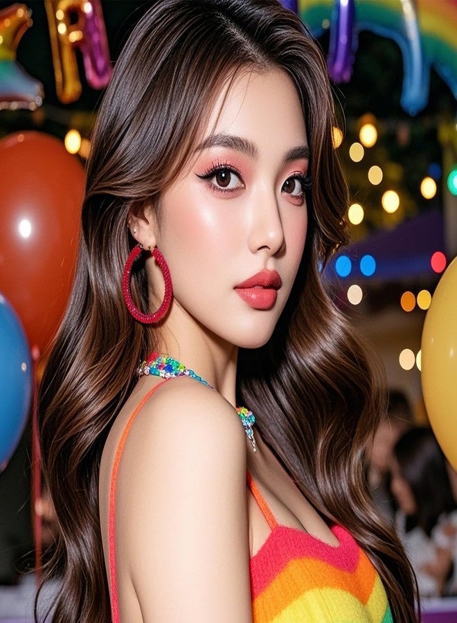 أقراط حلقية حمراء لامعة للنساء، أقراط حلقية بألوان قوس قزح مبالغ فيها، أقراط حلقية كريستالية لامعة عصرية، أقراط حلقية كبيرة، ملابس عيد الميلاد للنساء (حلقة حمراء) - Image 4